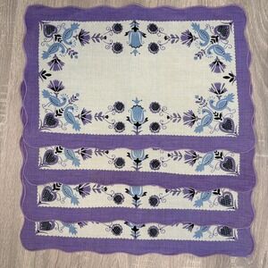 Set 4 Vintage Purple Dutch Linen‎ Placemats Scalloped Edge Blue Navy